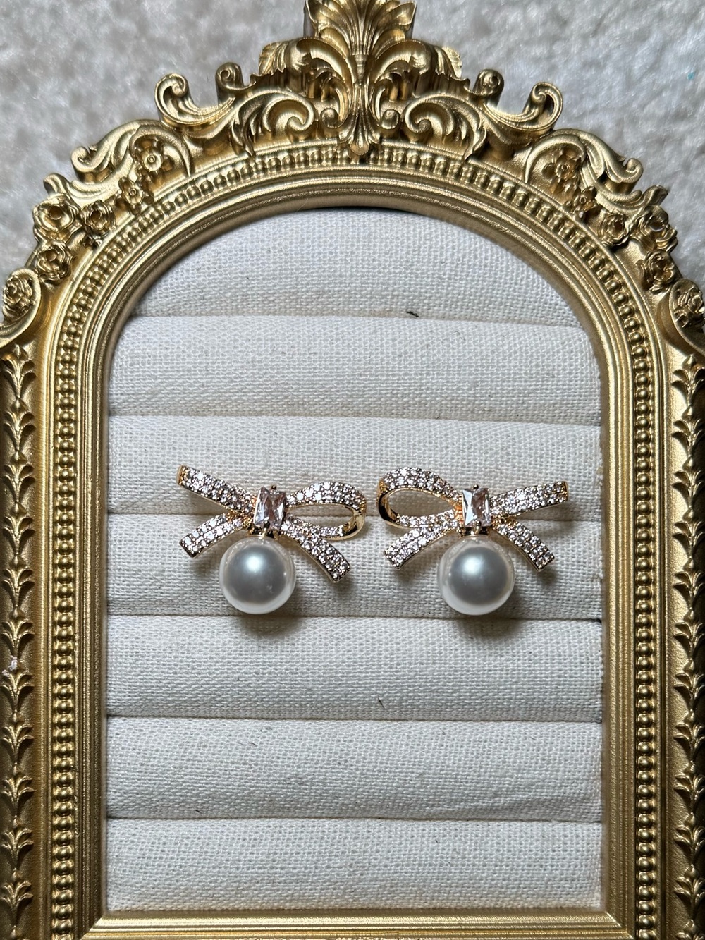 Pearl Drop Bow Stud Earrings - Gold and White